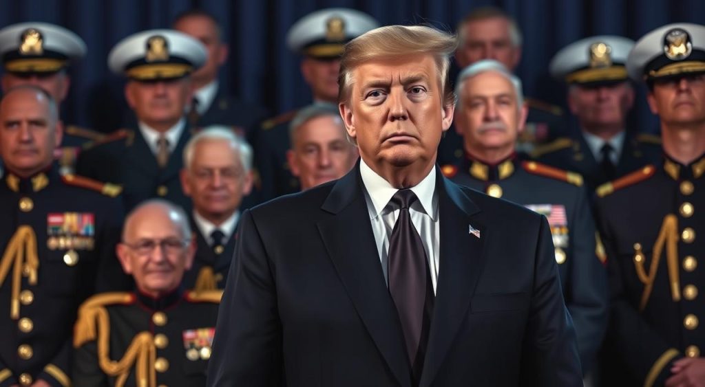 A solemn-faced President Trump, clad in a dark suit, stands resolutely before a backdrop of military generals and admirals, their uniforms adorned with gleaming medals and insignia. The scene exudes an ominous, authoritarian atmosphere, as Trump's gaze is fixed with determination, suggesting a calculated move to co-opt the respected voices of military leaders into his political agenda. The lighting casts dramatic shadows, heightening the sense of power and control. The composition, captured from a low angle, emphasizes the imposing presence of the figures, conveying Trump's ambition to leverage the credibility of the military establishment for his own political ends.