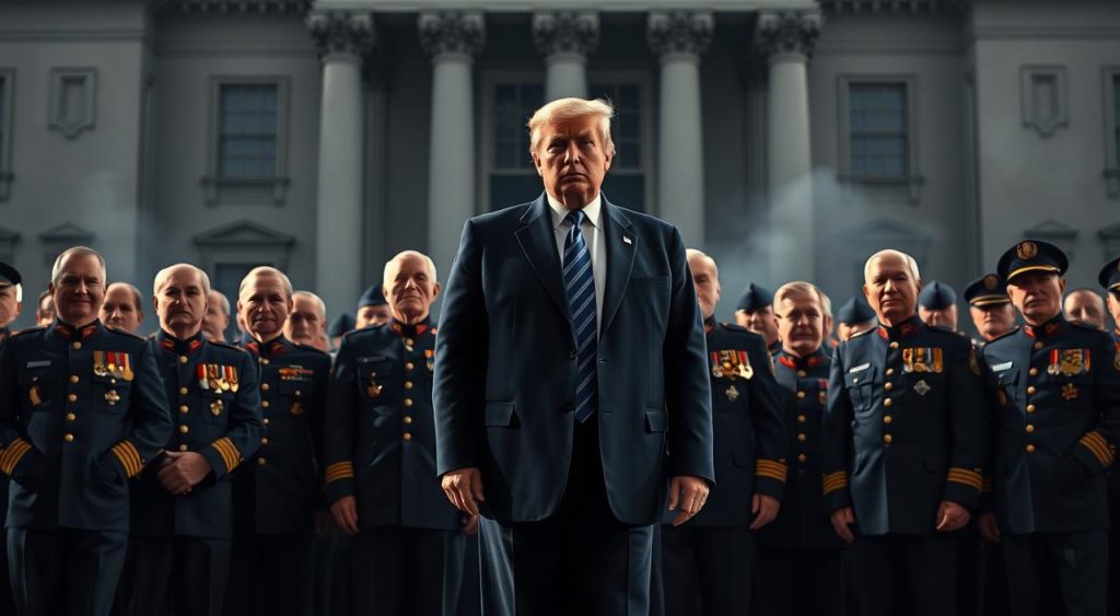 In a grand, sweeping scene, former President Donald Trump stands resolutely on a stage, flanked by a cohort of distinguished-looking military generals and admirals in full uniform. Their chests adorned with an array of medals and honors, the officers' gazes convey a sense of unwavering loyalty and support for their commander-in-chief. The lighting is dramatic, casting long shadows and highlighting the solemn, authoritative atmosphere. The backdrop is a majestic, imposing building, suggesting the gravitas of the occasion. A subtle haze in the air lends an air of cinematic grandeur to the tableau, as Trump delivers his speech, recruiting these esteemed military leaders into his political fold.